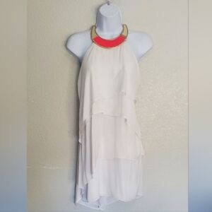 Marciano White Layered Halter Mini Dress Pink & Gold Collar Open Back